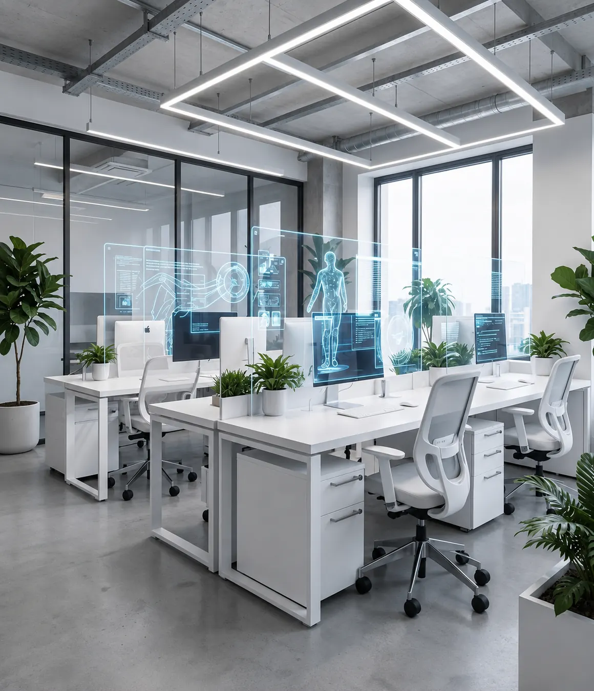 An open-plan office fitted out with desks, monitors and seating